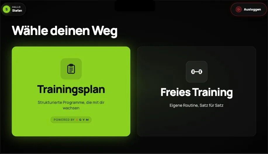 Trackbar-Display nach dem RFID-Scan: Mitgliedsprofil mit der Wahl zwischen Trainingsplan und freiem Training.