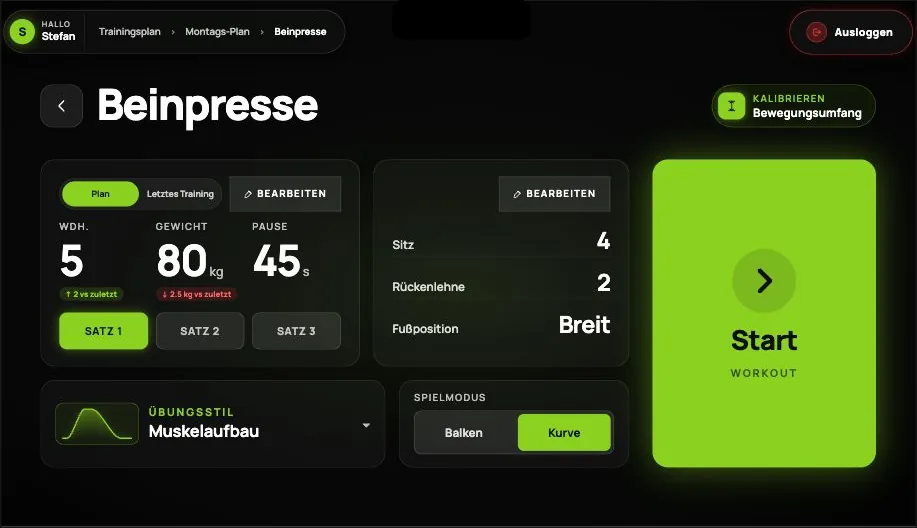Geräte-Setup am Display: Sitzposition, Rückenlehne, Fußposition, Wiederholungen, Gewicht und Trainingsstil.