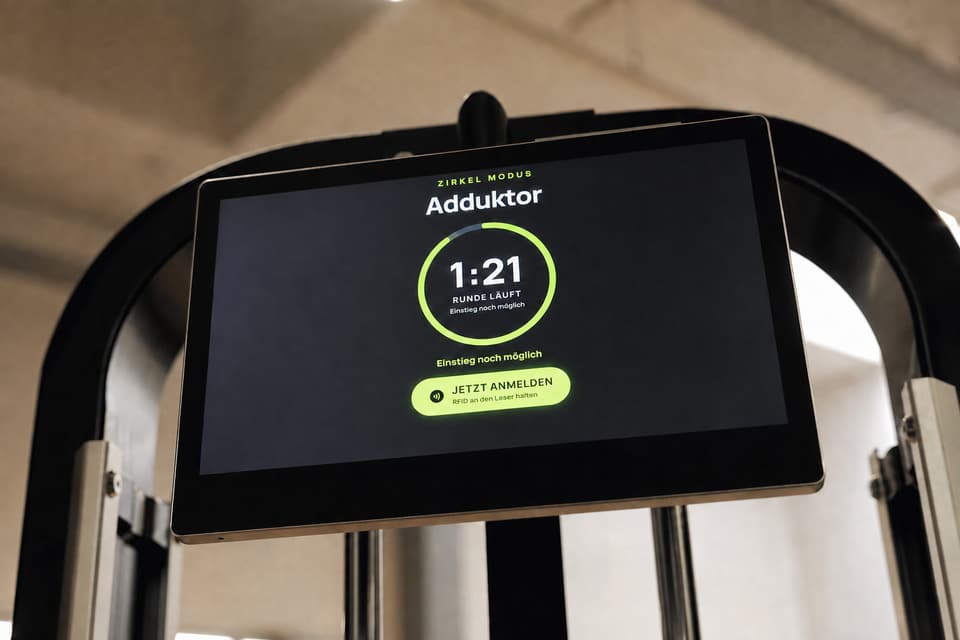 Trackbar tablet on a strength machine showing circuit mode with the round timer running.